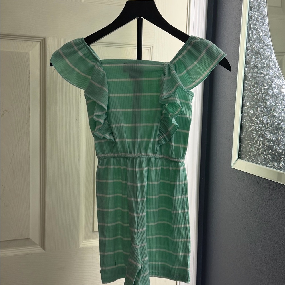 Girls' Green Striped Ruffle Romper
